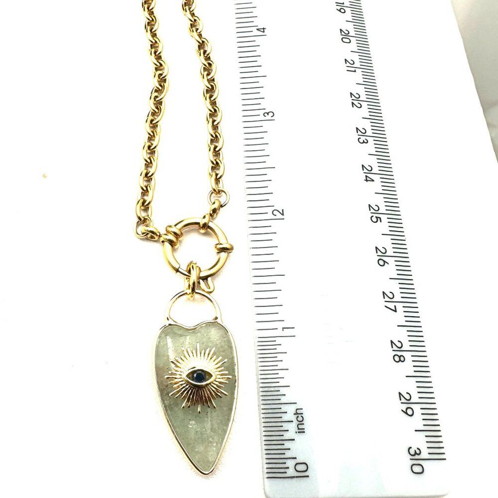 Aventurine Gemstone Heart Evil Eye Pendant Necklace 18K Gold Plated Chain 19" - Picture 9 of 9